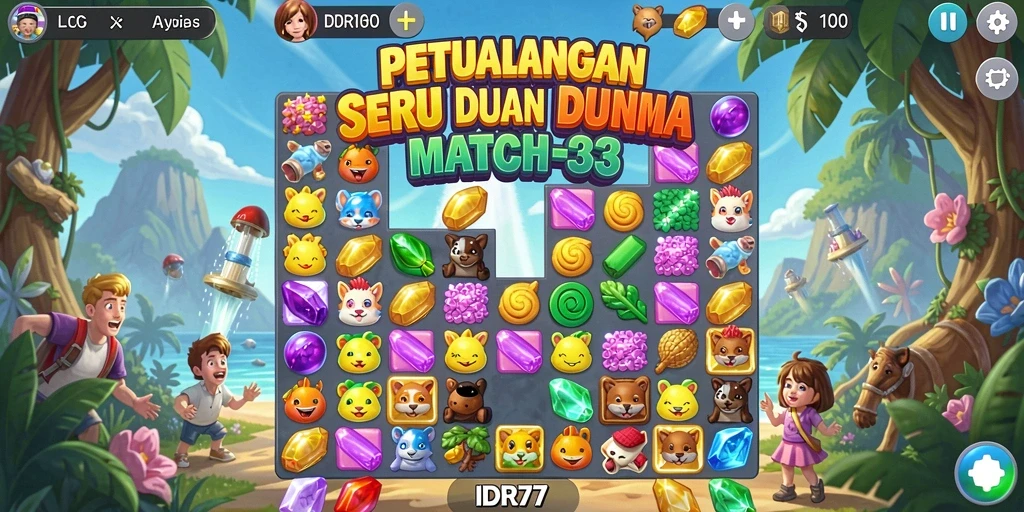 Tampilan gameplay seru IDR77 dengan tantangan Match-3.