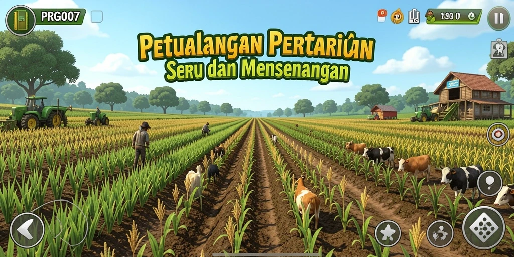 Screenshot gameplay PRG007 menampilkan ladang yang subur dan hewan ternak.