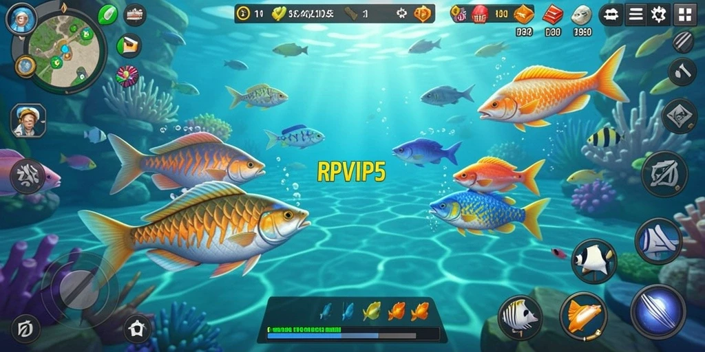 Tampilan gameplay RPVIP5 dengan ikan berwarna-warni dan efek menembak.